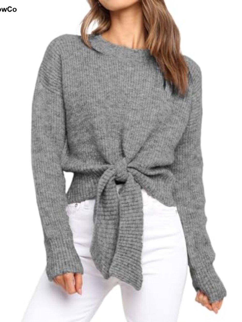 Womens Cable Knit Tie Front Cropped Sweater Long Sleeve Crew Neck Pullover